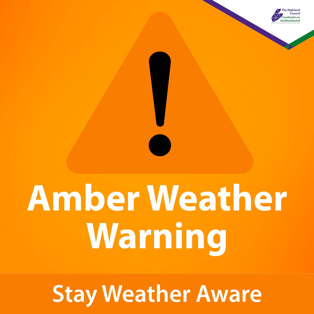 Amber weather warning graphic showing a large orange exclamation - triangle and the text "Amber Weather Warning - Stay Weather Aware," presented as a Highland Council advisory to signal potentially hazardous conditions.