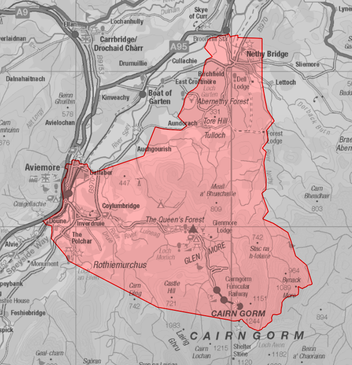 Map of the area eligible for the Cairngorm fire recovery fund
