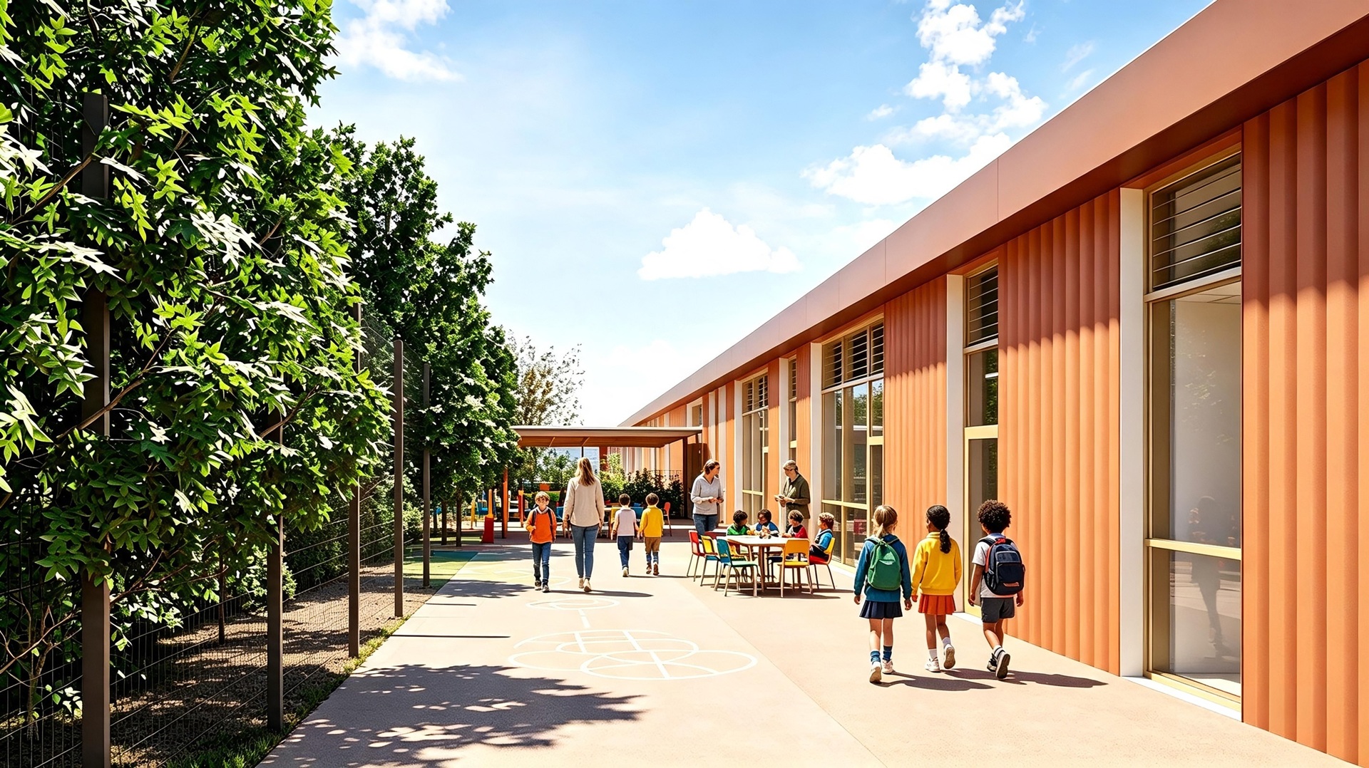 Artist’s impression of the proposed new St Clement’s Special School, showing pupils and staff using an outdoor teaching and social space beside a modern single-storey school building. The landscaped area features wide accessible pathways, outdoor seating.